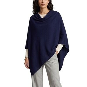 Fadivo New York Navy Cashmere Blend Cowl Neck Asymmetrical Poncho Wrap Luxury OS
